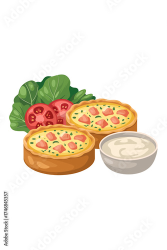 Delicious quiche with salmon and spinach served alongside fresh tomatoes and creamy sauce culinary delight for brunch or light dinner