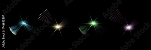 Light flashes with sparkle, glare, glint effect isolated on black. Different color glow glared abstract stars set. Bright sparkling vector illustration. Flash of light with ray beams in space.