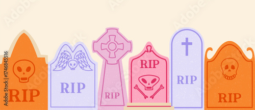 Bright pink of Headstone, Tombstone, RIP Gravestones for Halloween, cemetery or tomb, funeral elements concept. Seamless border.
