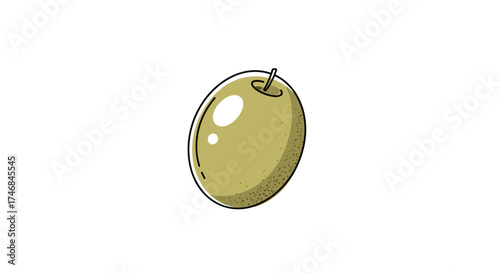 A single green olive with a stem on a white background.