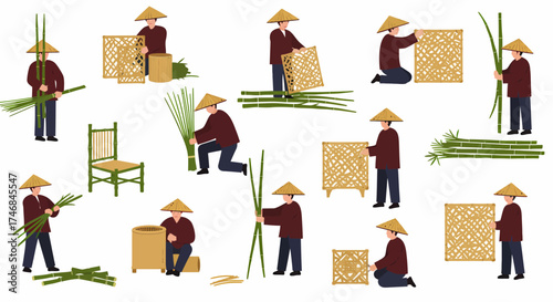 Seamless pattern of Asian artisans weaving and working with bamboo materials