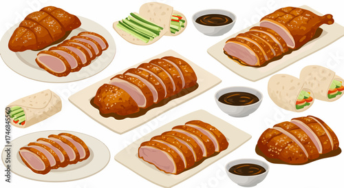Seamless pattern of Peking duck servings pancakes sauce and vegetables