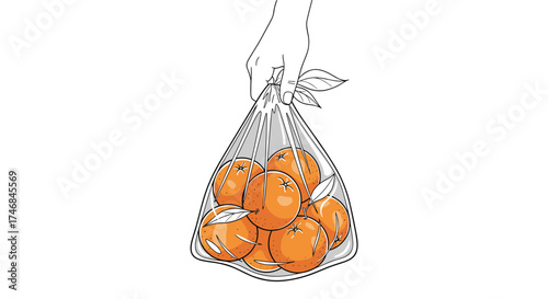 A hand holding a clear plastic bag full of tangerines.
