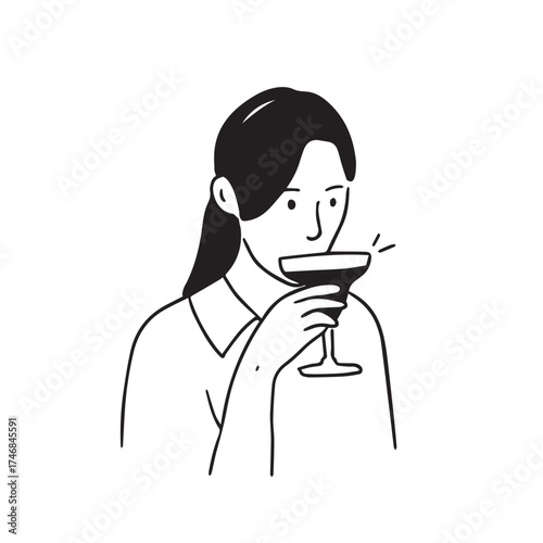 Female character enjoying a cocktail drink, bar and party concept illustration