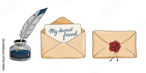 Antique Writing Set with Feather Quill Pen Inkwell and Love Letter Stationery for Romantic Occasions and Sentimental Correspondence