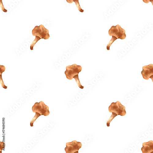 Chanterelle mushrooms background. Seamless watercolor pattern with botanical illustration of orange edible mushrooms for fabric textures, wallpapers, kitchen decor, textile