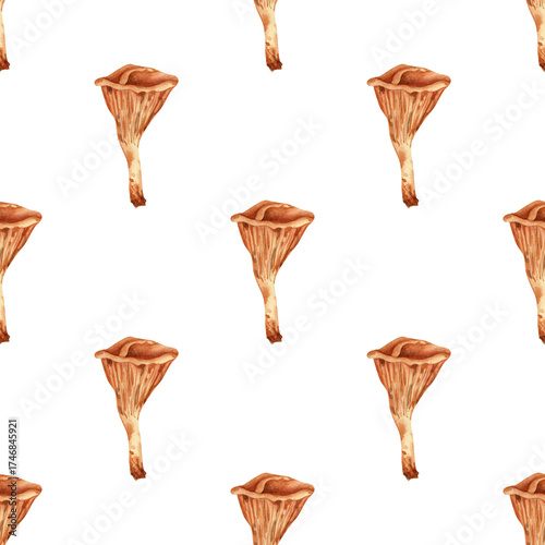 Chanterelle mushrooms background. Seamless watercolor pattern with botanical illustration of orange edible mushrooms for fabric, wallpapers, home decor, textile