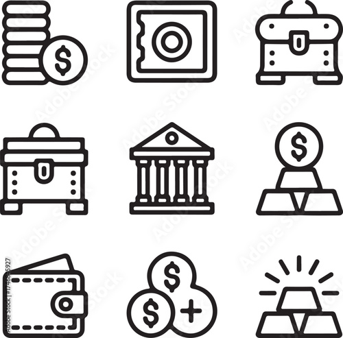 Treasure and Finance Vector Icons Coin Stack, Safe Box, Treasure Chest, Bank Building, Wallet, and Gold Bars