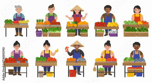 Ten diverse market vendors displaying fresh produce and seafood at individual stalls