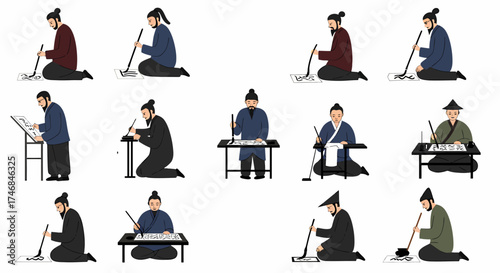 Twelve depictions of ancient East Asian men practicing calligraphy in various poses