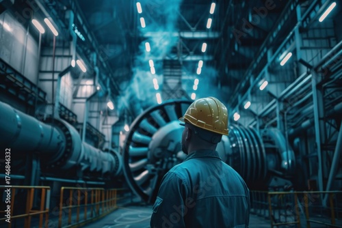 Engineer wearing a yellow hardhat inspecting a large turbine inside of a power plant facility