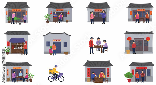 Twelve illustrations of traditional Chinese storefronts with people engaging in daily activities