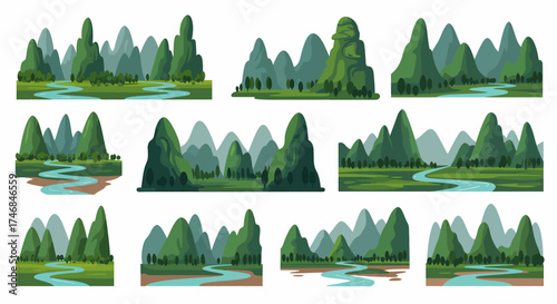 Twelve varied vector illustrations of green karst mountains and rivers