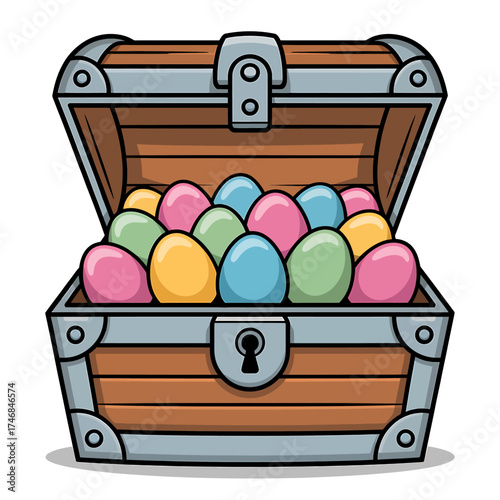 Cartoon Treasure Chest Overflowing with Colorful Eggs Representing Easter or Fantasy Concepts with a Decorative Wood Design