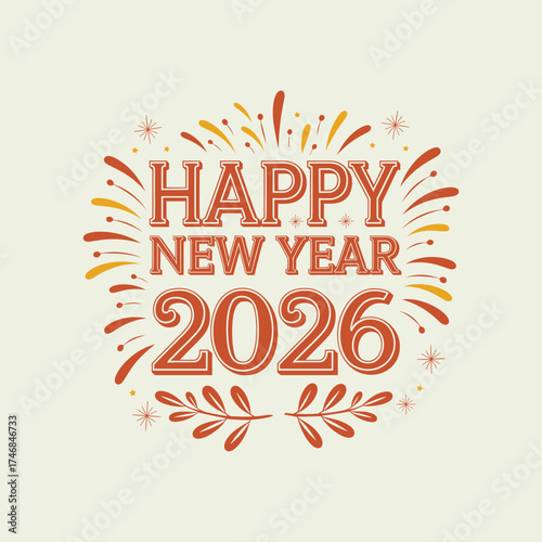 Happy New Year 2026 Typography with Festive Fireworks and Decorative Elements on White Background