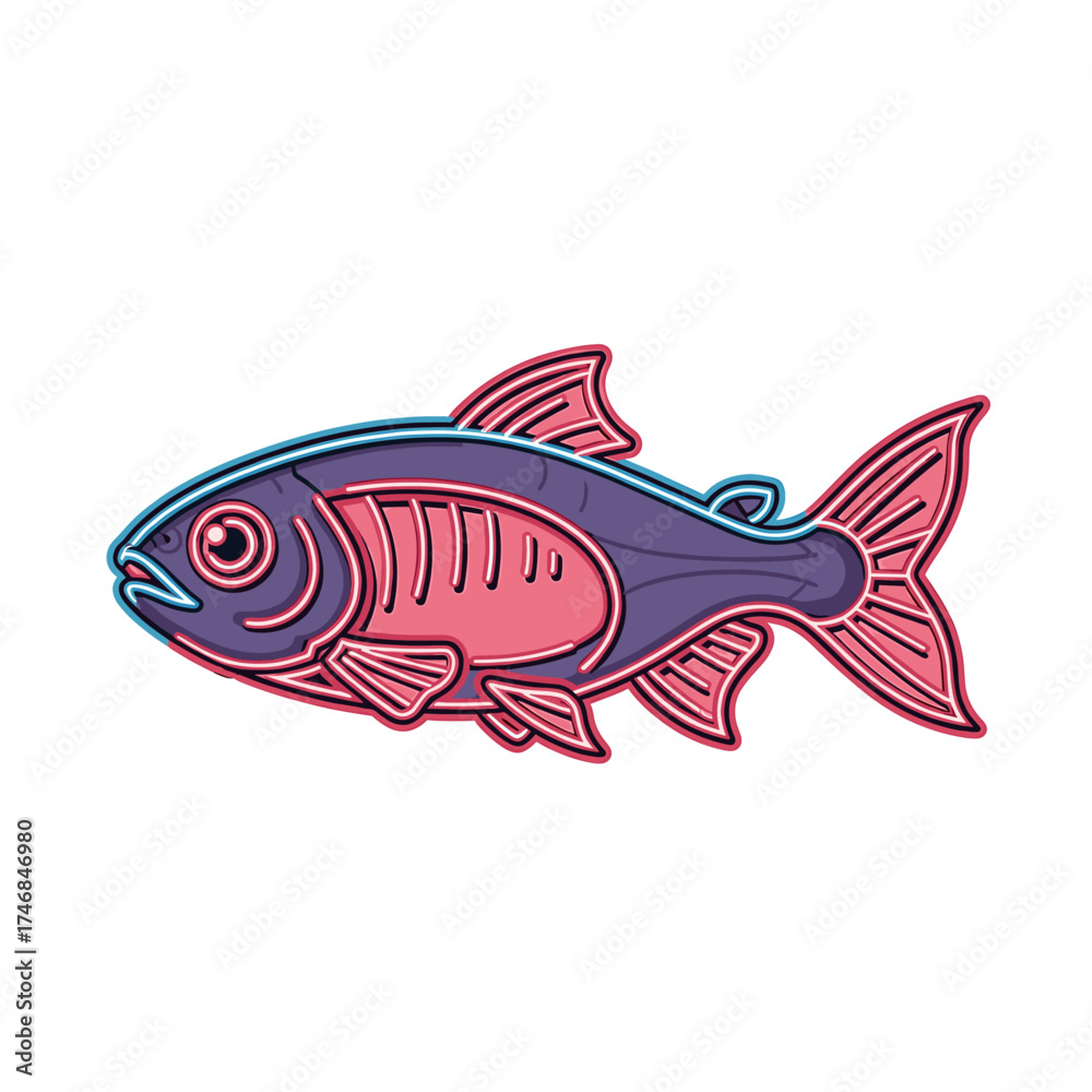 Fototapeta premium Stylized illustration of a fish with purple and pink coloring, featuring visible bone structure.