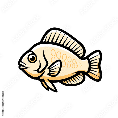 Illustration of a beige fish with black outlines, featuring fins, scales, and a prominent eye, isolated on a white background.