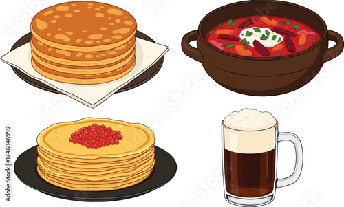 Eastern European food illustration, pancakes borscht caviar and beer, traditional cuisine artwork, cultural meal drawing, festive culinary design