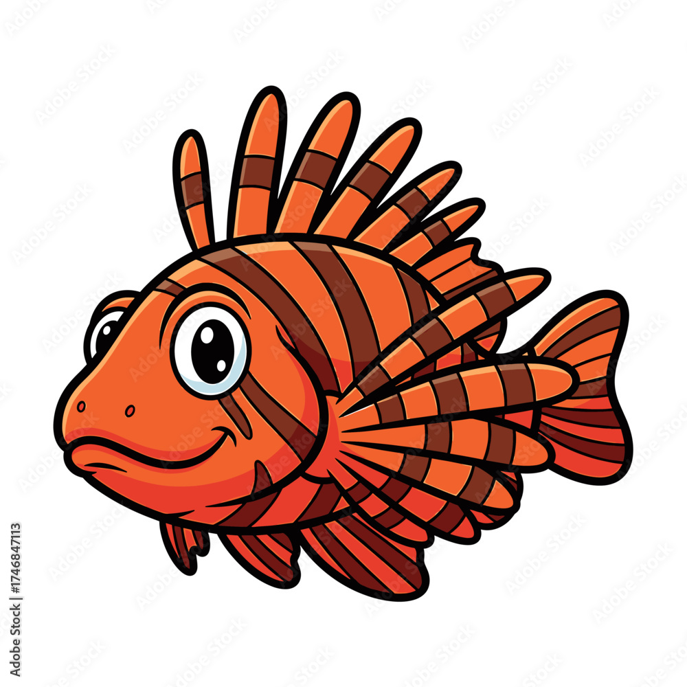 Fototapeta premium Cartoon illustration of a vibrant orange and brown lionfish with a friendly expression.