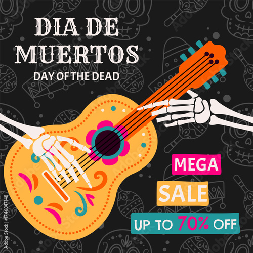 Day of the Dead or Dia de Muertos guitar sale poster template with skeleton hands and colorful Mexican decoration. Vector for holiday discounts, web banners and social media.