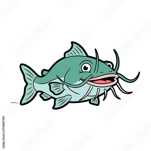 A cartoon illustration of a smiling catfish with whiskers and fins, isolated.