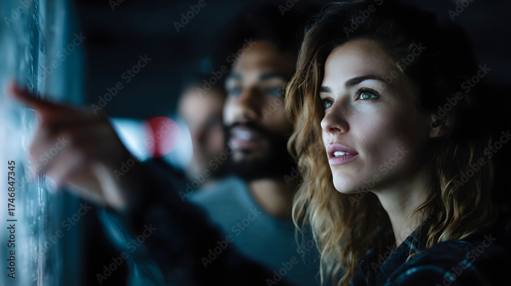 Fototapeta premium A diverse team collaborates while looking at a glowing digital display pointing at information