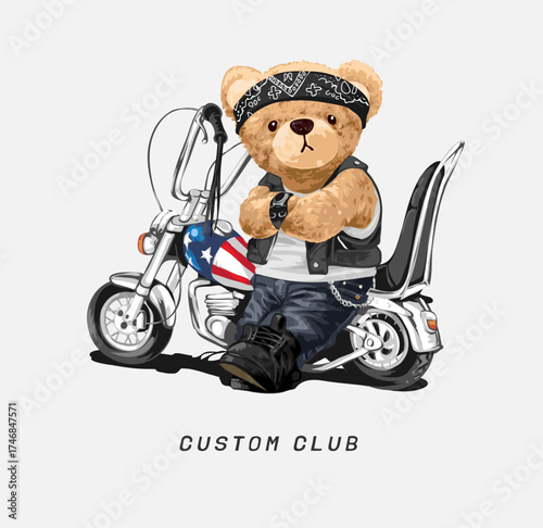 bear doll with custom motorcycle vector illustration - hand drawn