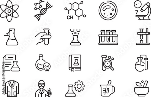 science icons set, innovation lab icons, research chemistry symbols, medical experiment icons, biology laboratory vector, molecule science design, scientific research pack, education science outline, 