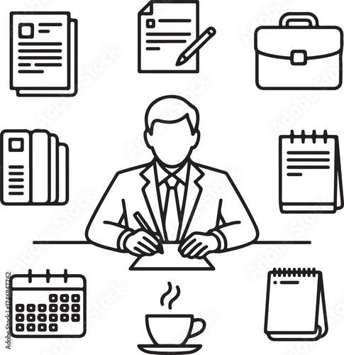 Businessman Outline Icons Contract, Pen, Documents, Briefcase, Laptop, Calendar, and Office Desk