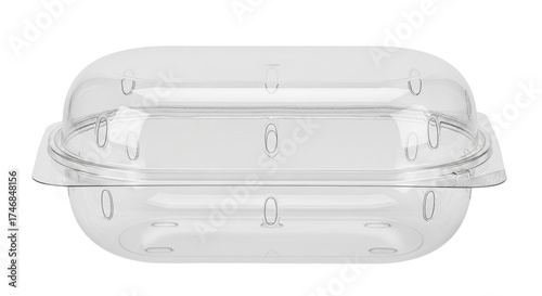 Isolated clear plastic clamshell container, hinged food packaging, recyclable clamshell box