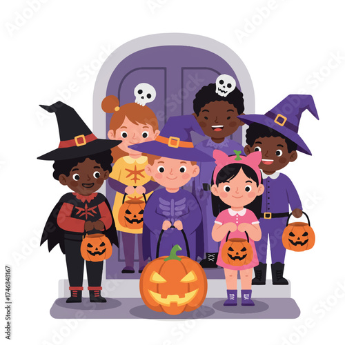 Diverse children in vibrant Halloween costumes and trick-or-treat bags stand on a doorstep with a glowing jack-o'-lantern, presented as a clean 2D flat vector illustration.