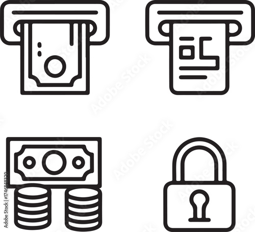 Cash Withdrawal Hand-Drawn Line Icon Pack ATM, Card Insert, Banknotes, Coins, Receipt, and Security Lock