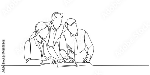 Line art Illustration of business people working together in the office. One line art style