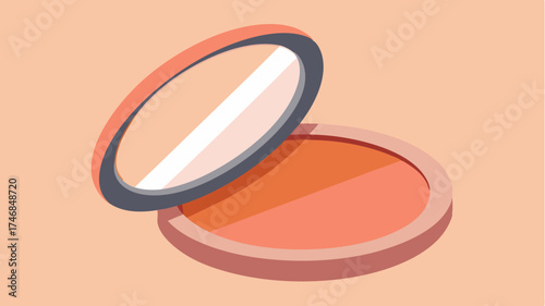 An ovalshaped compact containing a blush designed with a builtin brush and soft color swatches focusing on enhancing facial features.
