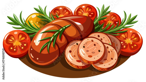 Very beautiful top view of flavorful boiled sausage slices garnished with fresh rosemary and cherry tomato, vector-style illustration emphasizing texture, color contrast, and appetizing presentation 
