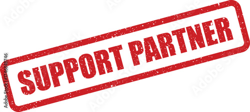 Textured red rubber stamp graphic indicating a collaborative support partnership or strategic alliance