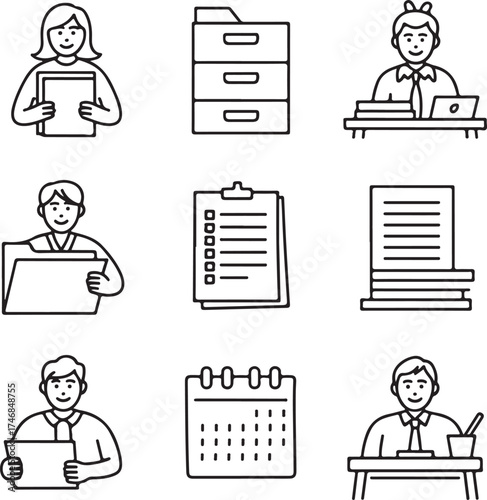 Clerk Hand-Drawn Line Icon Pack Assistant, Documents, File Organizer, Drawer, Checklist, and Office Supplies