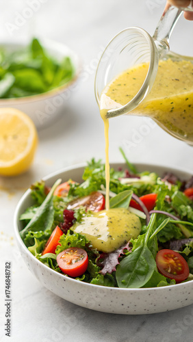 Lemon herb dressing poured over fresh salad leaves, top-down view, bright and fresh daylight feel, shallow depth of field