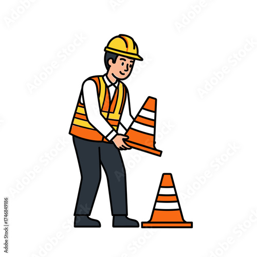 Construction worker in safety gear placing orange traffic cones on the ground.
