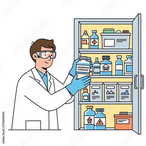 A scientist examines a bottle of hazardous chemicals from a storage cabinet.
