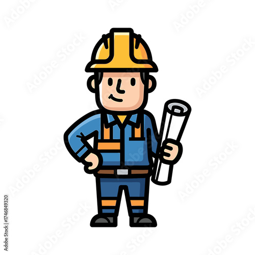 Cartoon illustration of a construction worker holding a rolled blueprint, smiling.