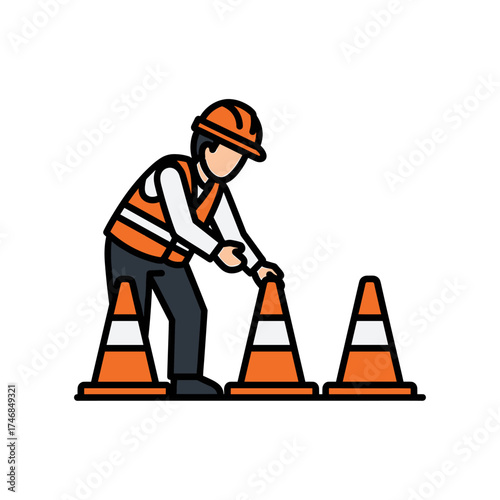 Construction worker in safety vest and hard hat placing orange traffic cones on the ground.