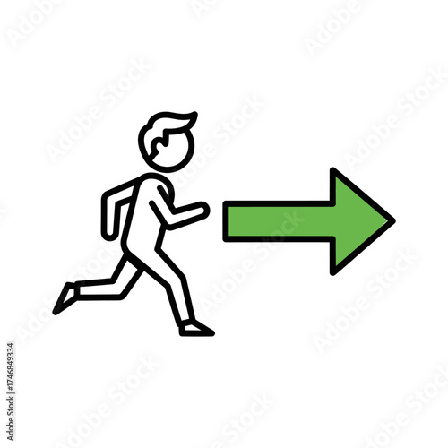 A stick figure running towards a green right arrow, indicating direction or escape.