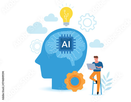 Artificial intelligence concept, AI chip, machine learning, analysis information with lightbulb idea to AI processing chip development innovation concept. vector illustration