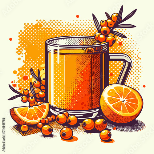 Sea buckthorn and orange tea in pop art style