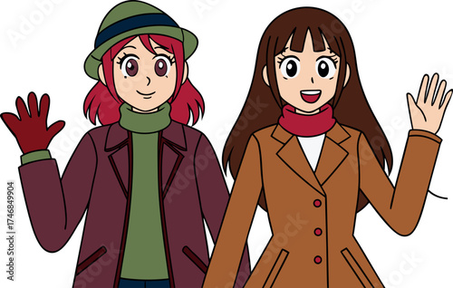 winter girls cartoon, cold weather illustration, friends winter art, cozy clothes wallpaper, happy girls winter, female friendship art, warm winter fashion, ladies outdoors cold, friendship cartoon gi