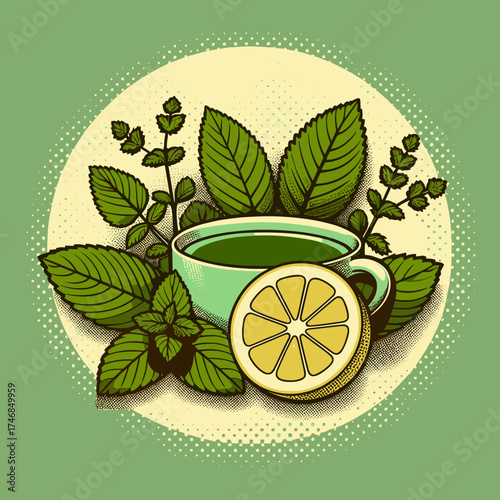 Green tea with lemon balm leaves in retro pop art style