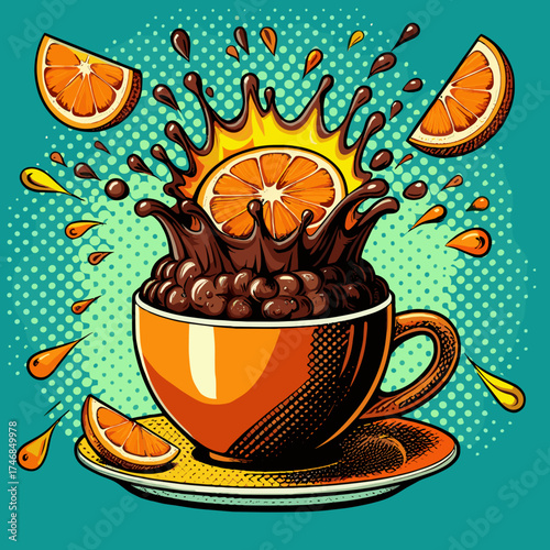 Orange splash in hot chocolate cup pop art vector illustration, Italian hot chocolate with orange zest