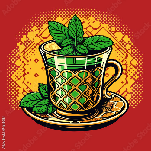 Moroccan mint tea with mint leaves in retro pop art vector illustration