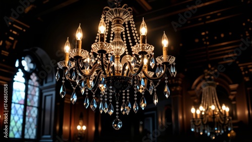 Spider chandelier hanging ceiling in dimly lit room with warm lighting, large stained glass window. Concept of Halloween elegance, cozy atmosphere, vintage style.
